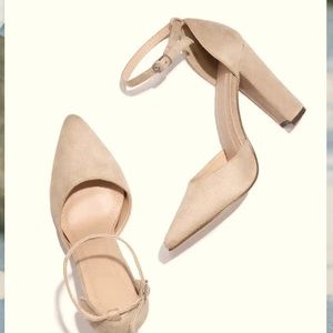 Nude suede pointed toe pump with ankle strap. Brand new in box from Vici.